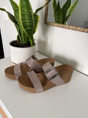 Women's Bjorndal Shimmery Taupe Wedge Slide Sandals with Buckle